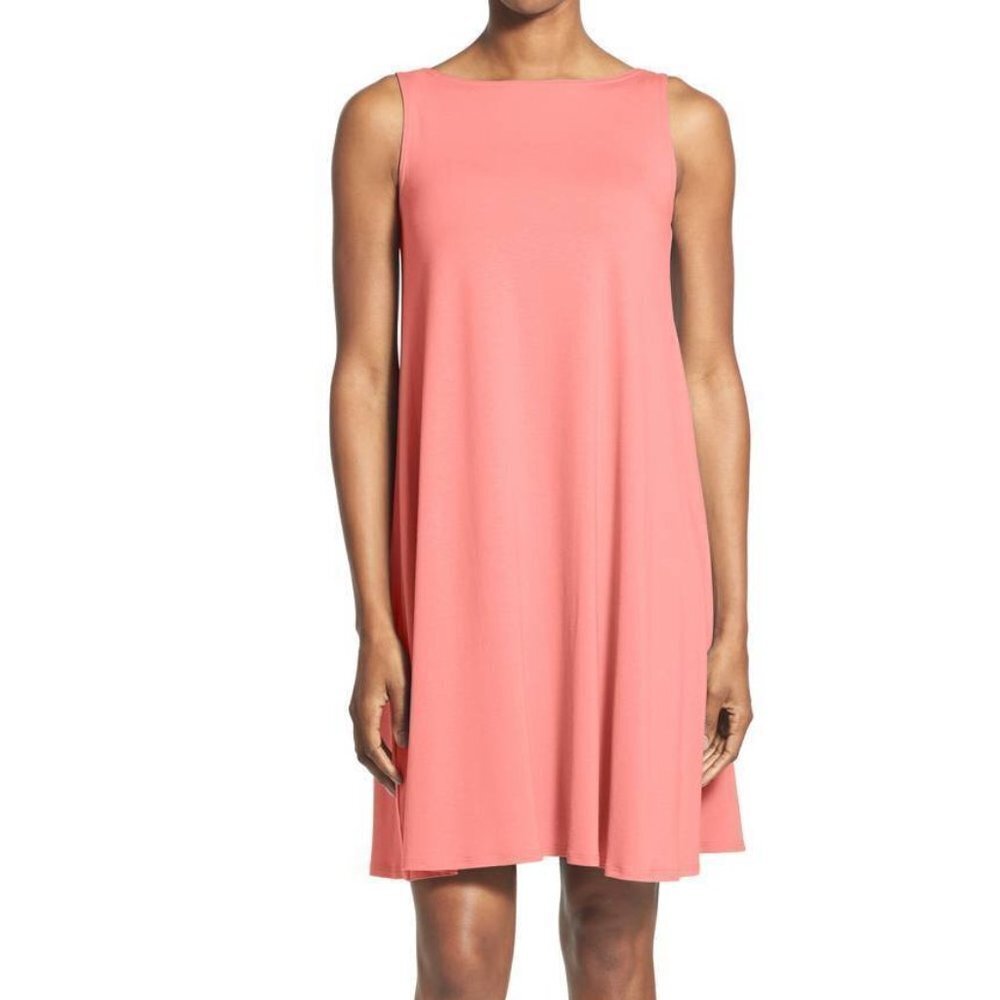 Eileen Fisher Pink Grapefruit Jersey Bateau Neck Knee Length Dress